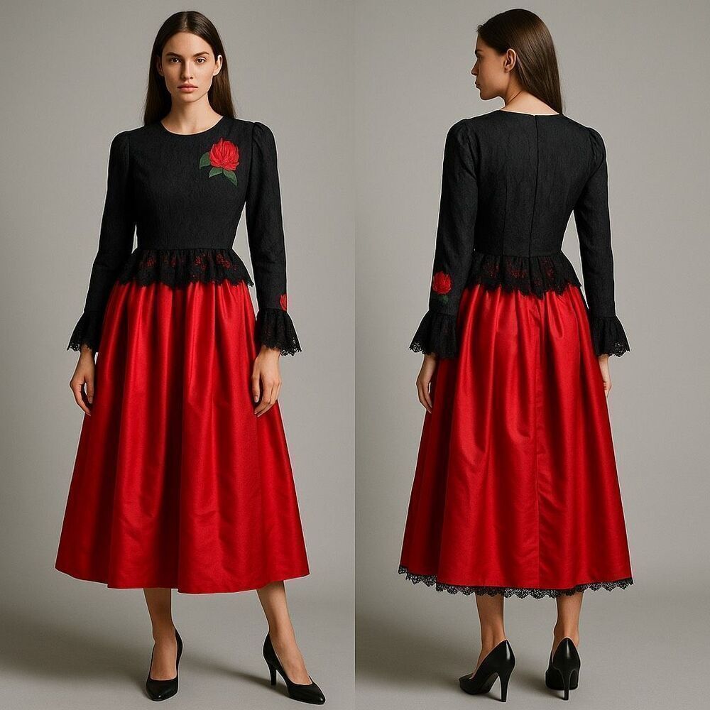 Vtg William Pearson Rose Lace Satin Midi Dress 80s Whimsygoth Lady Valentine